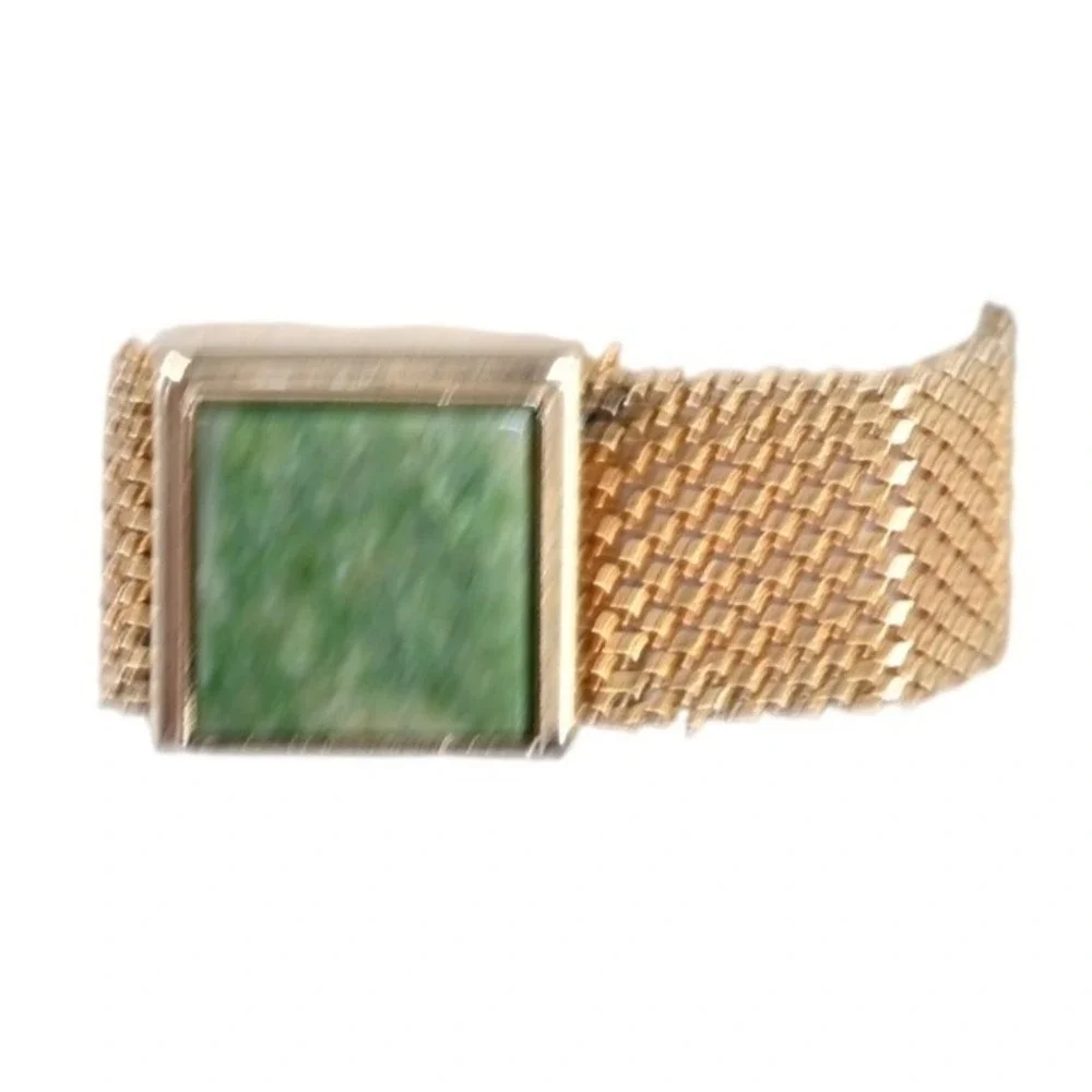 Vintage Gold Mesh Wrap Cufflinks Faux Jade Square Excellent Retro 70s Luxe